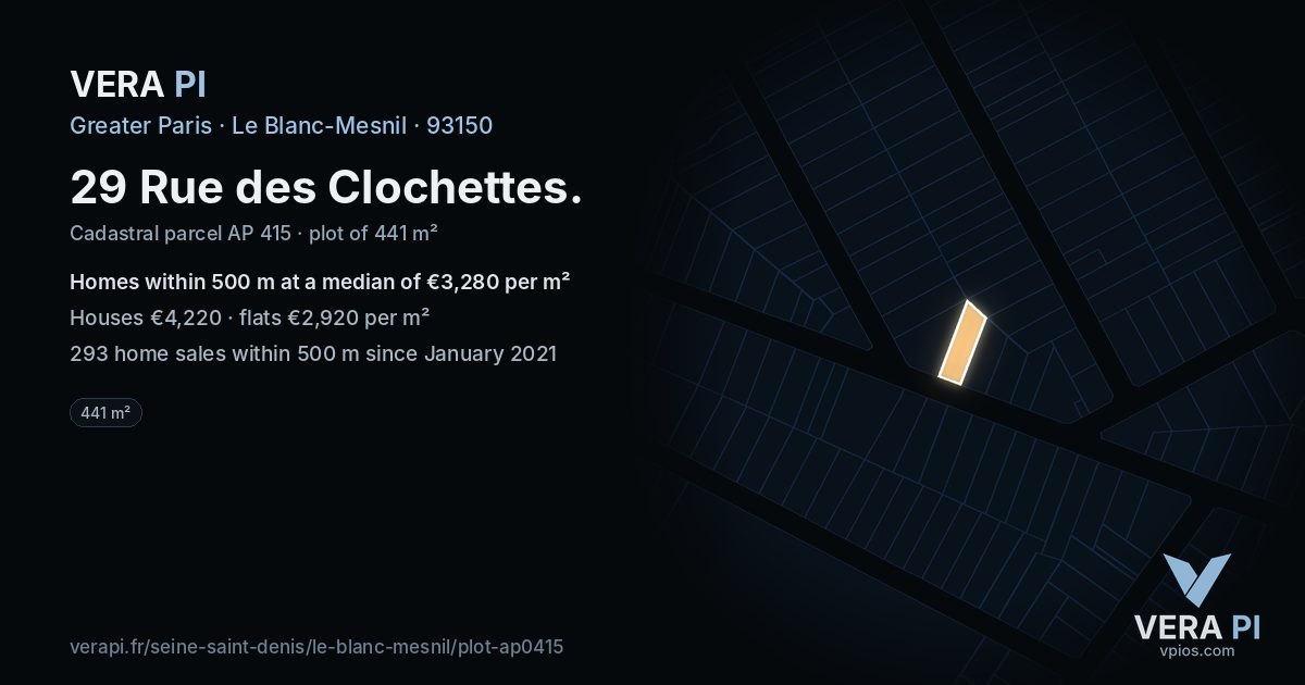 29 Rue des Clochettes, Le Blanc-Mesnil at night – the plot lit, the parcels around coloured by the prices near them