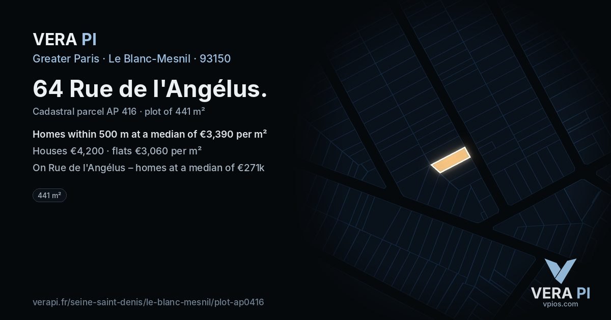 64 Rue de l'Angélus, Le Blanc-Mesnil at night – the plot lit, the parcels around coloured by the prices near them