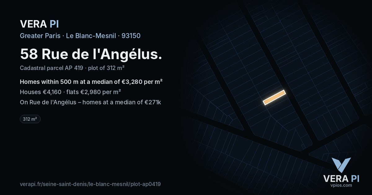 58 Rue de l'Angélus, Le Blanc-Mesnil at night – the plot lit, the parcels around coloured by the prices near them