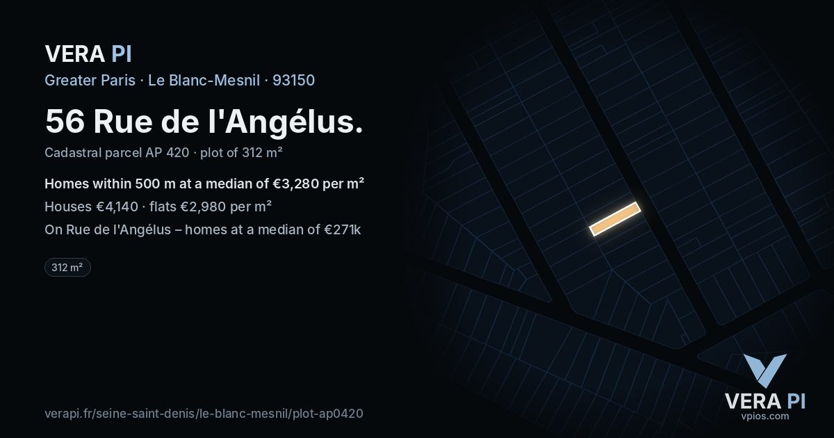 56 Rue de l'Angélus, Le Blanc-Mesnil at night – the plot lit, the parcels around coloured by the prices near them
