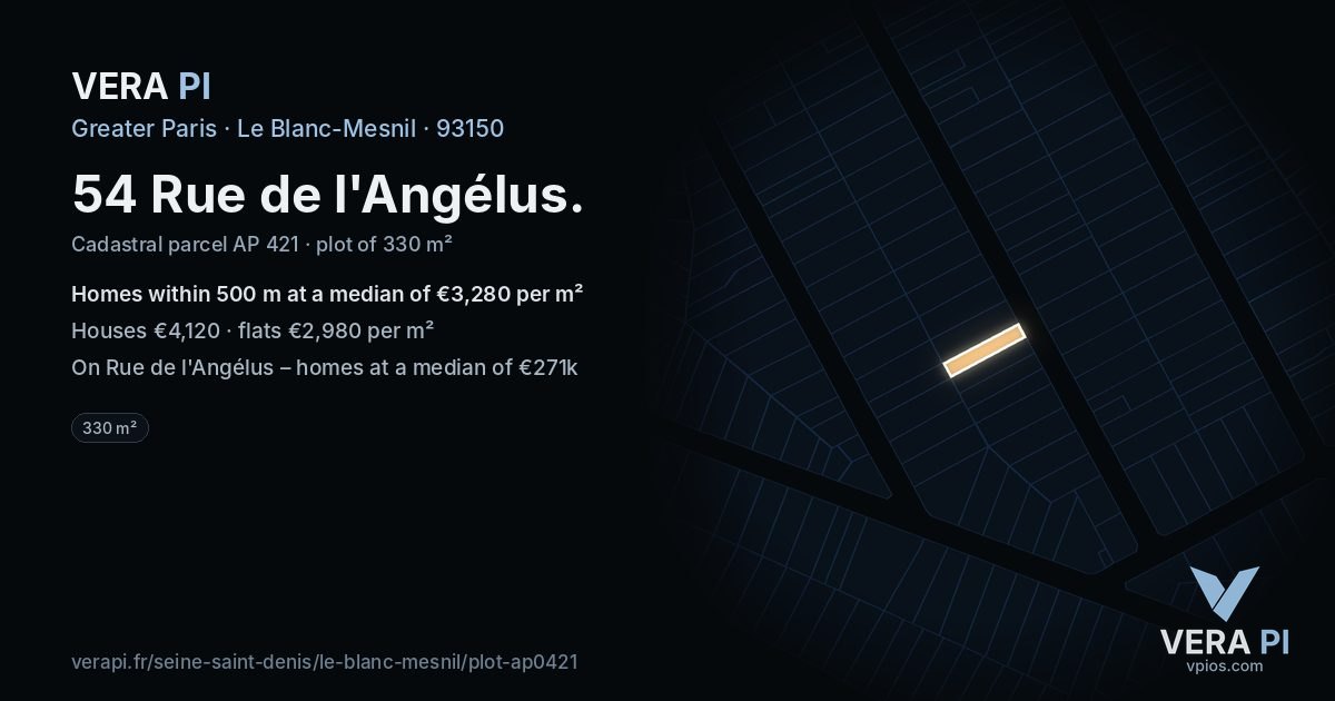 54 Rue de l'Angélus, Le Blanc-Mesnil at night – the plot lit, the parcels around coloured by the prices near them