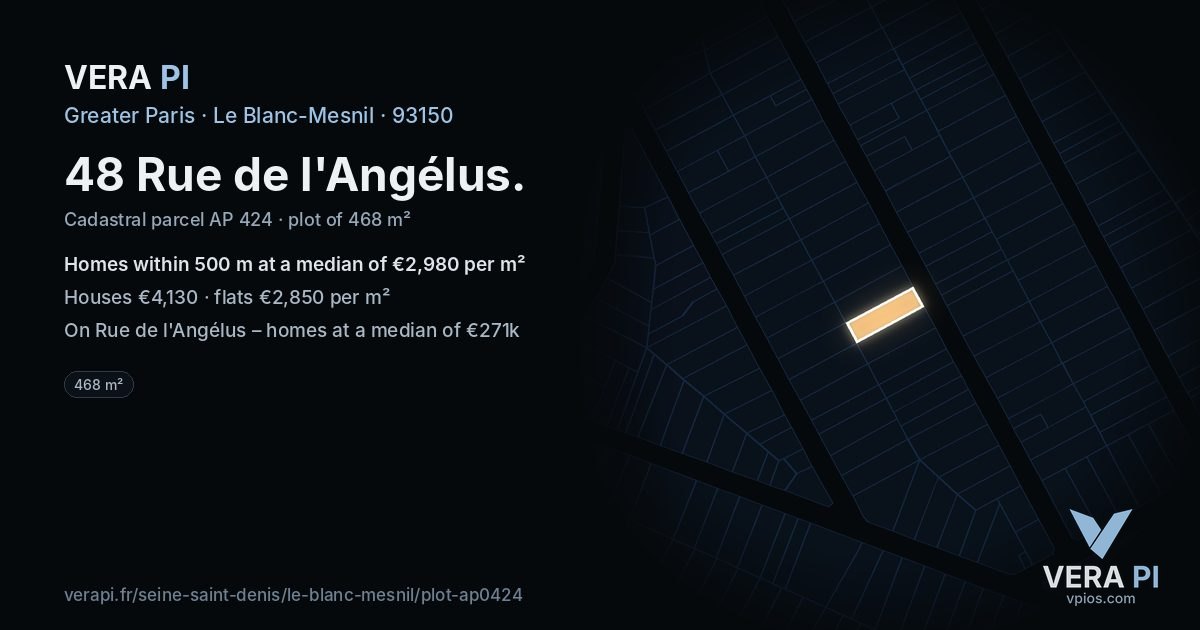 48 Rue de l'Angélus, Le Blanc-Mesnil at night – the plot lit, the parcels around coloured by the prices near them