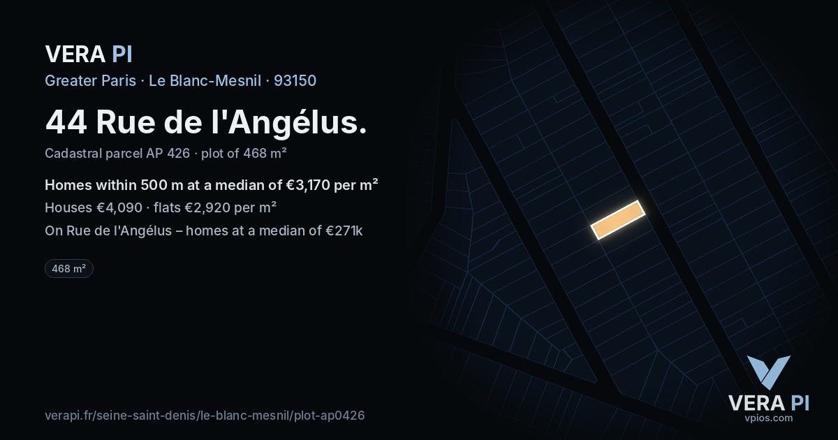 44 Rue de l'Angélus, Le Blanc-Mesnil at night – the plot lit, the parcels around coloured by the prices near them