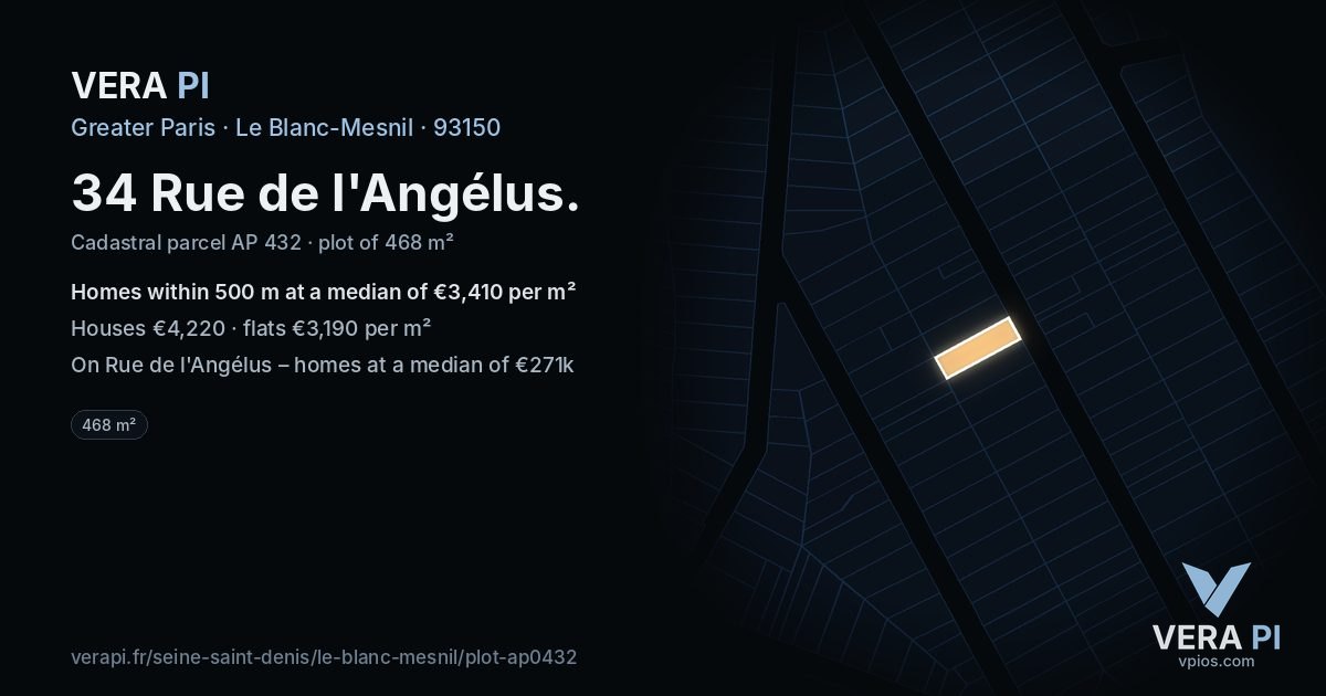 34 Rue de l'Angélus, Le Blanc-Mesnil at night – the plot lit, the parcels around coloured by the prices near them