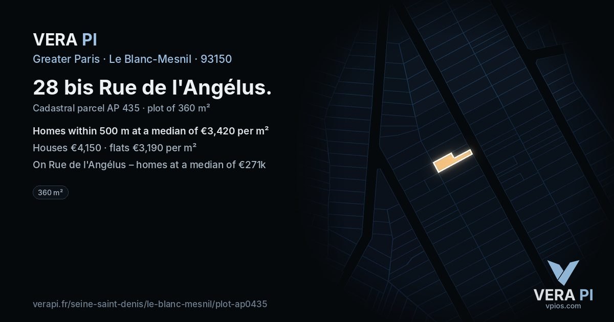 28 bis Rue de l'Angélus, Le Blanc-Mesnil at night – the plot lit, the parcels around coloured by the prices near them