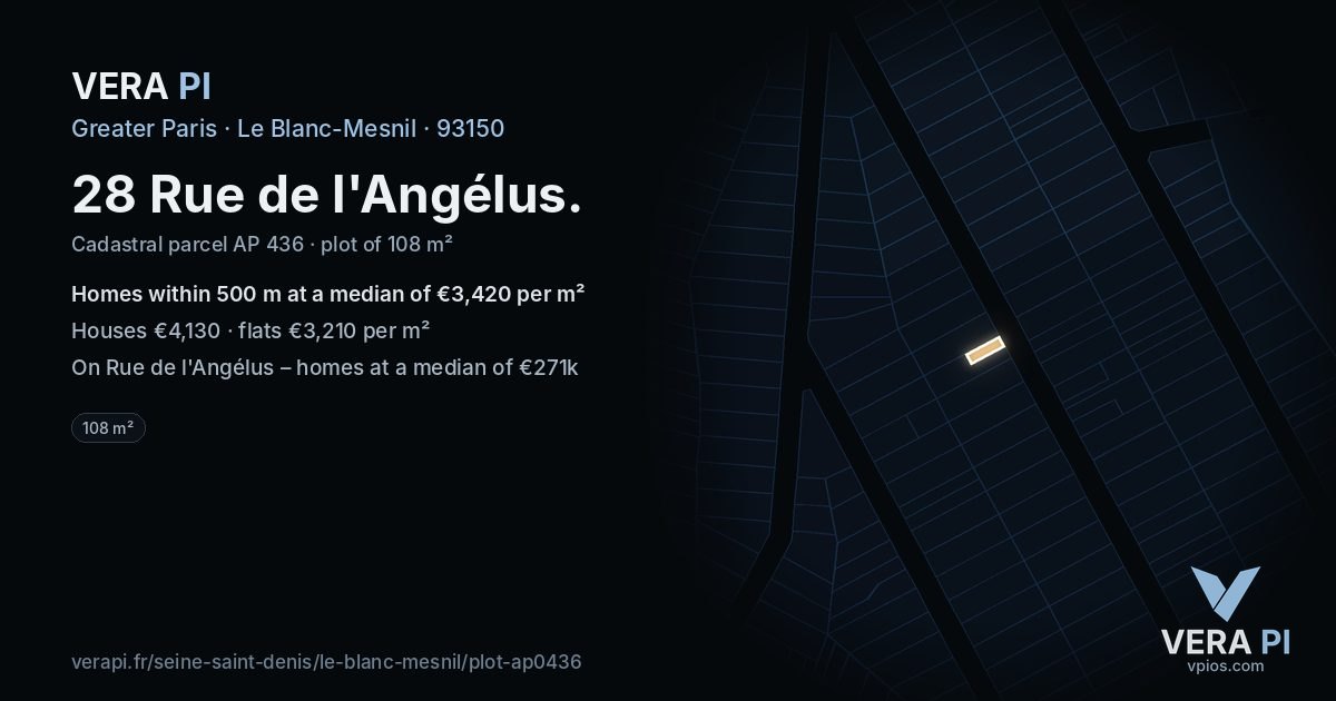 28 Rue de l'Angélus, Le Blanc-Mesnil at night – the plot lit, the parcels around coloured by the prices near them