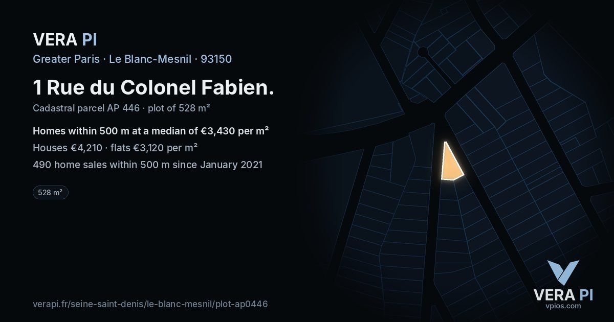 1 Rue du Colonel Fabien, Le Blanc-Mesnil at night – the plot lit, the parcels around coloured by the prices near them