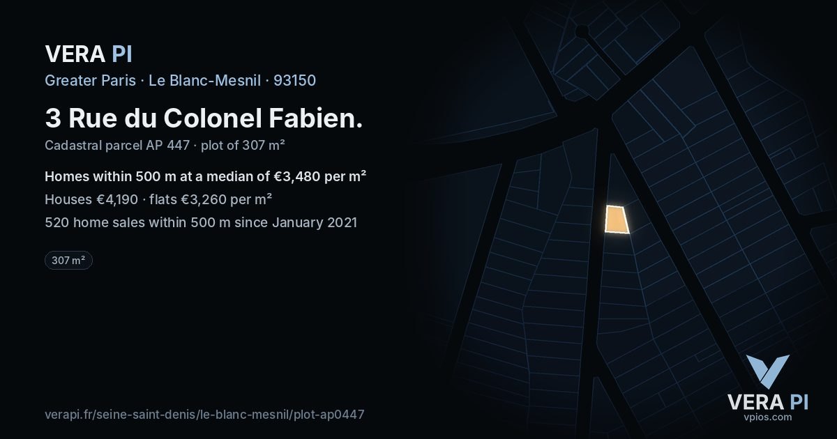 3 Rue du Colonel Fabien, Le Blanc-Mesnil at night – the plot lit, the parcels around coloured by the prices near them