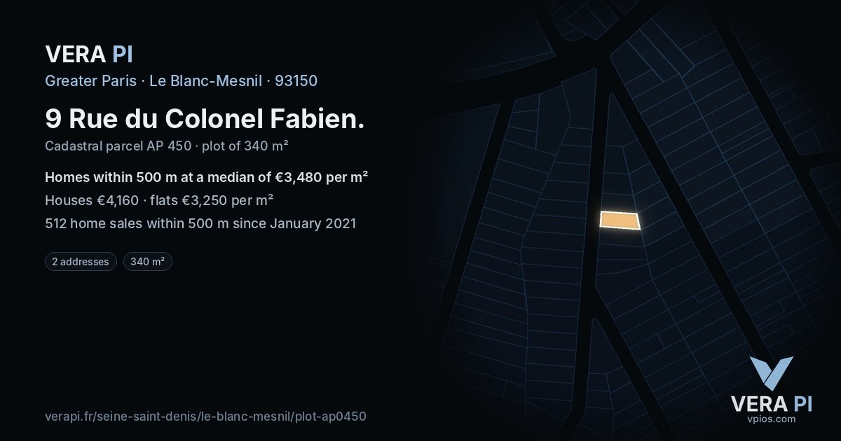 9 Rue du Colonel Fabien, Le Blanc-Mesnil at night – the plot lit, the parcels around coloured by the prices near them