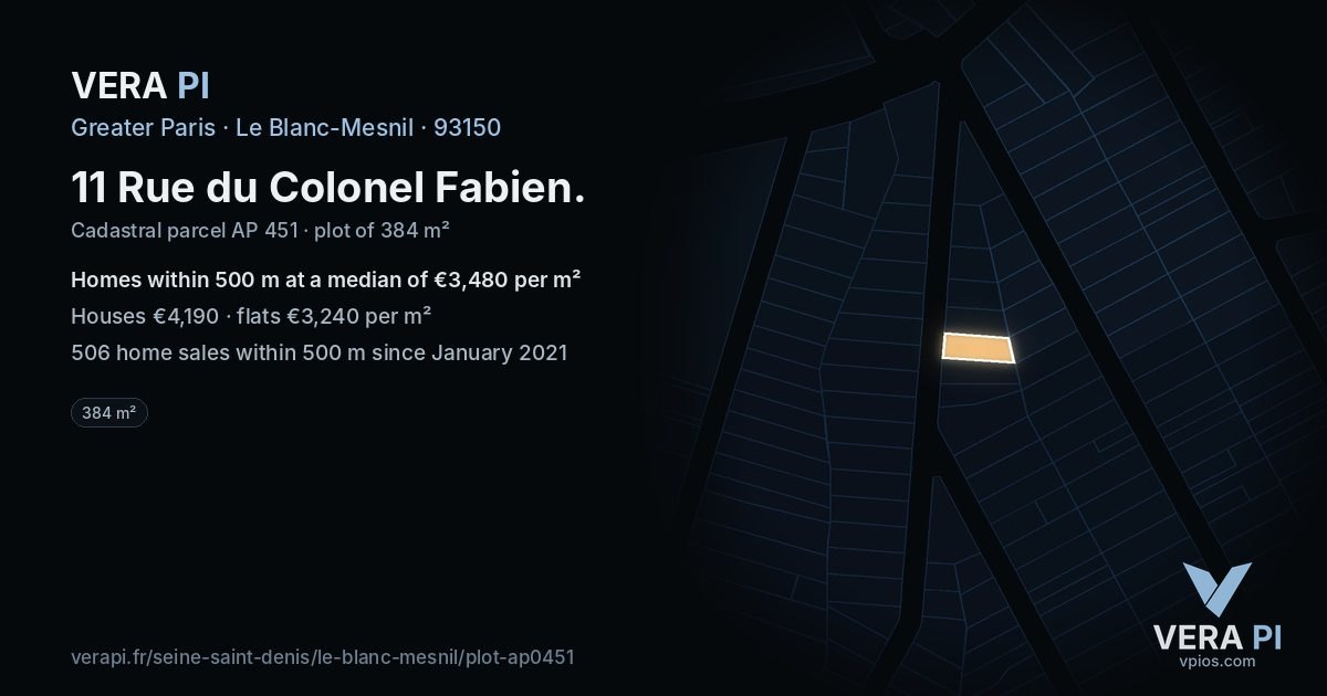 11 Rue du Colonel Fabien, Le Blanc-Mesnil at night – the plot lit, the parcels around coloured by the prices near them