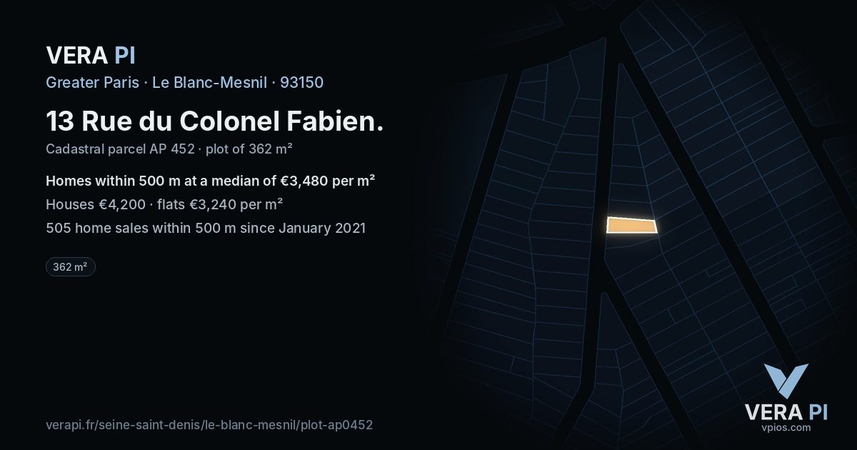 13 Rue du Colonel Fabien, Le Blanc-Mesnil at night – the plot lit, the parcels around coloured by the prices near them
