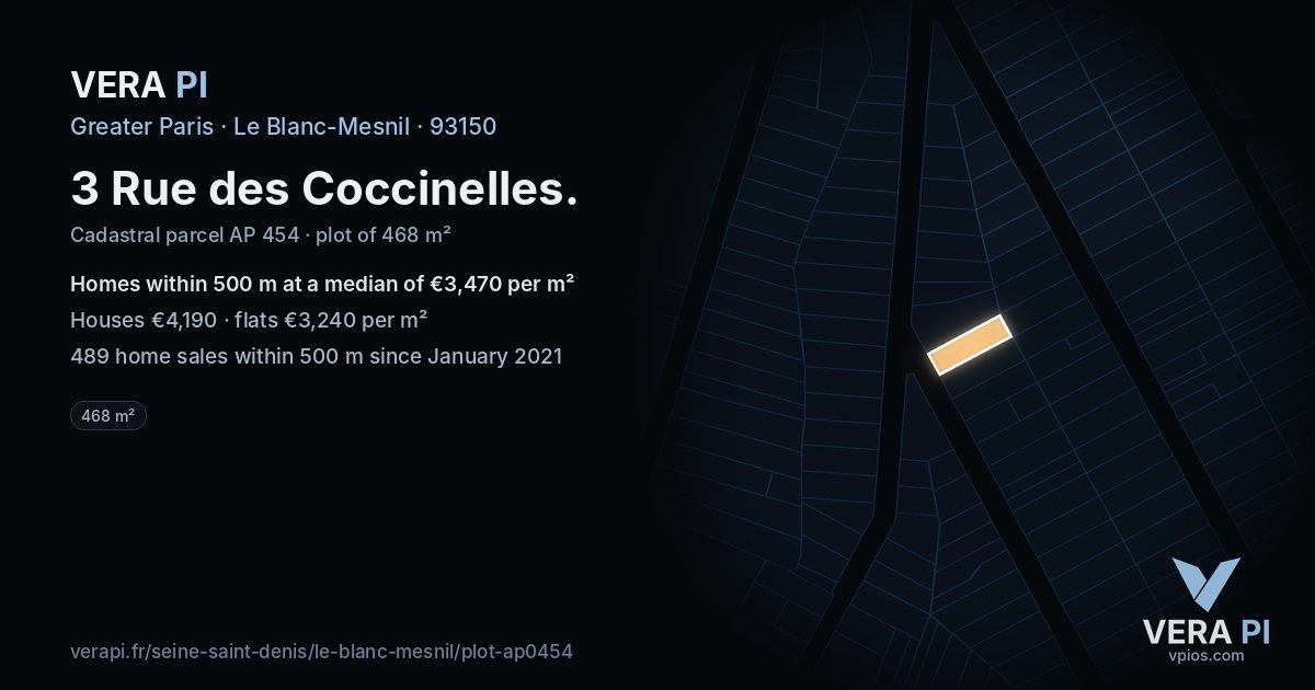 3 Rue des Coccinelles, Le Blanc-Mesnil at night – the plot lit, the parcels around coloured by the prices near them