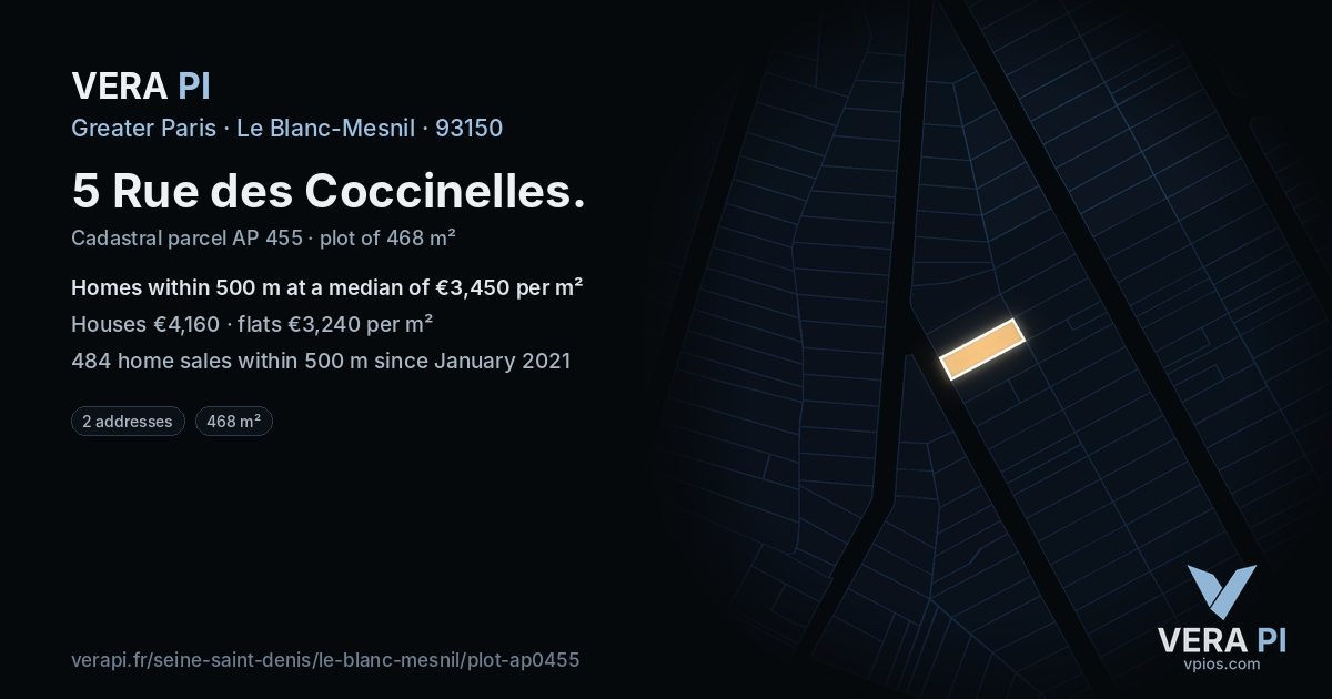 5 Rue des Coccinelles, Le Blanc-Mesnil at night – the plot lit, the parcels around coloured by the prices near them