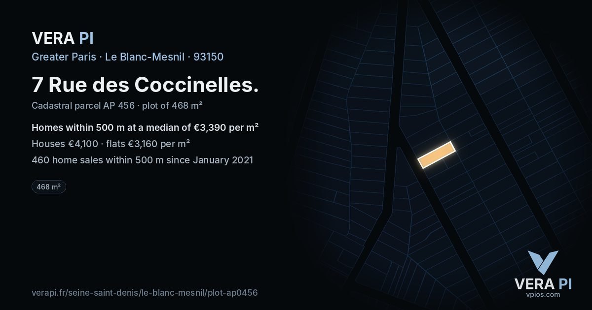 7 Rue des Coccinelles, Le Blanc-Mesnil at night – the plot lit, the parcels around coloured by the prices near them