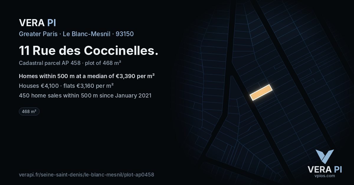 11 Rue des Coccinelles, Le Blanc-Mesnil at night – the plot lit, the parcels around coloured by the prices near them