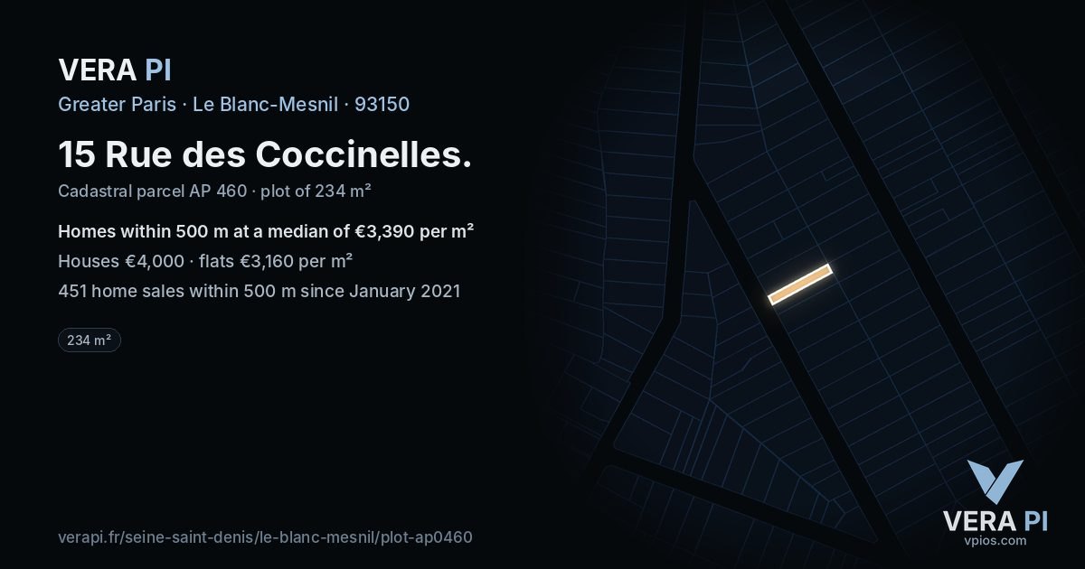 15 Rue des Coccinelles, Le Blanc-Mesnil at night – the plot lit, the parcels around coloured by the prices near them