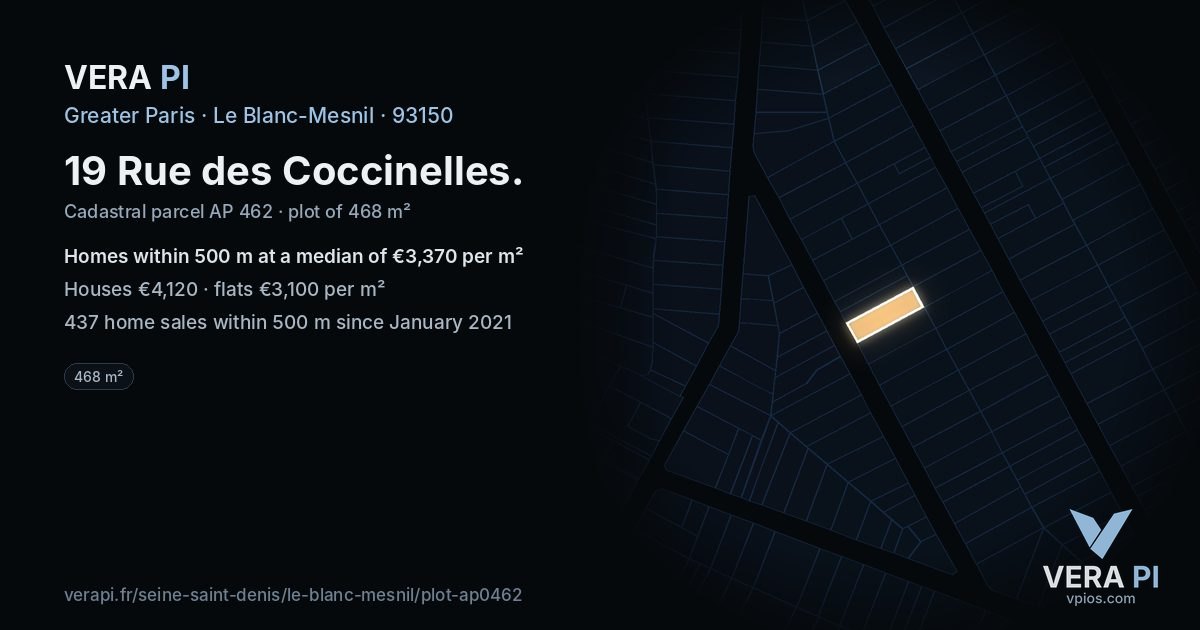19 Rue des Coccinelles, Le Blanc-Mesnil at night – the plot lit, the parcels around coloured by the prices near them