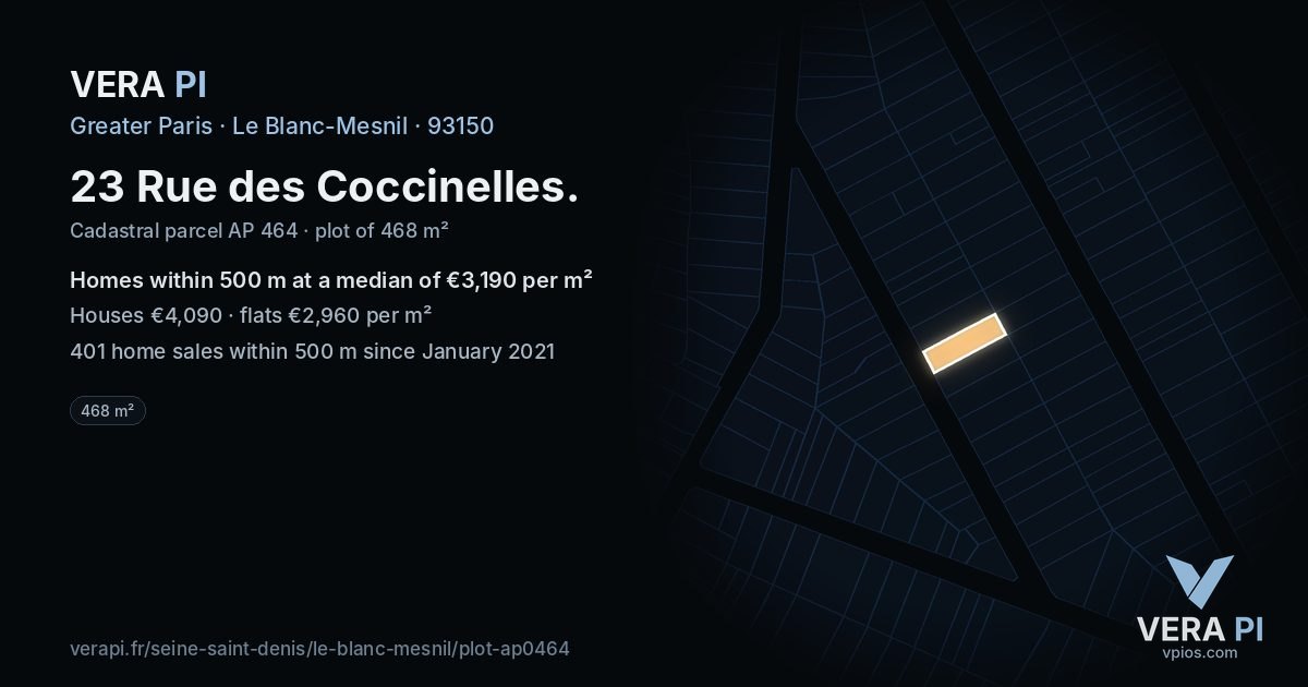 23 Rue des Coccinelles, Le Blanc-Mesnil at night – the plot lit, the parcels around coloured by the prices near them