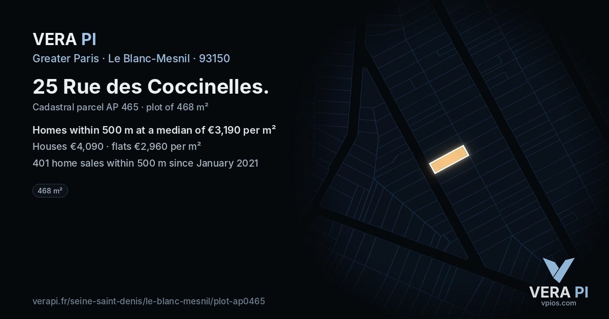 25 Rue des Coccinelles, Le Blanc-Mesnil at night – the plot lit, the parcels around coloured by the prices near them