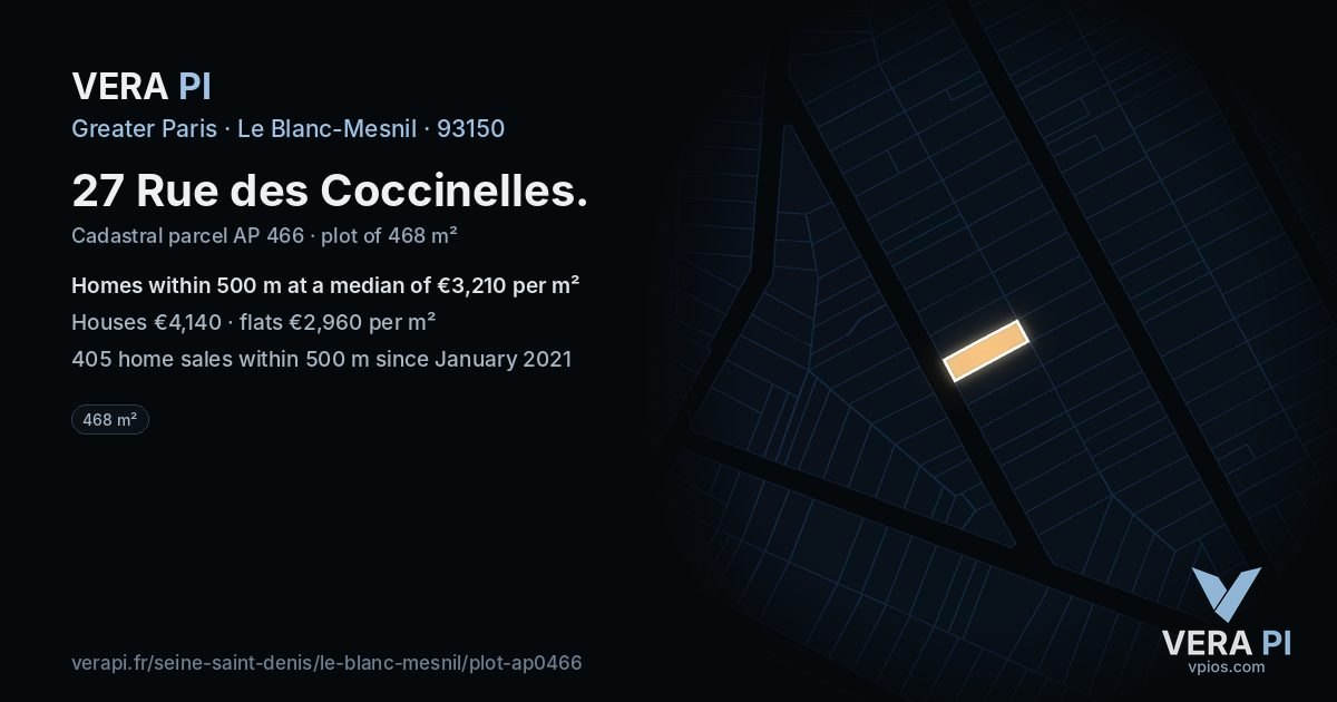 27 Rue des Coccinelles, Le Blanc-Mesnil at night – the plot lit, the parcels around coloured by the prices near them