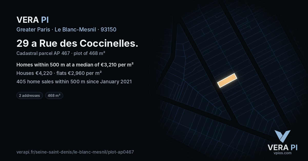29 a Rue des Coccinelles, Le Blanc-Mesnil at night – the plot lit, the parcels around coloured by the prices near them