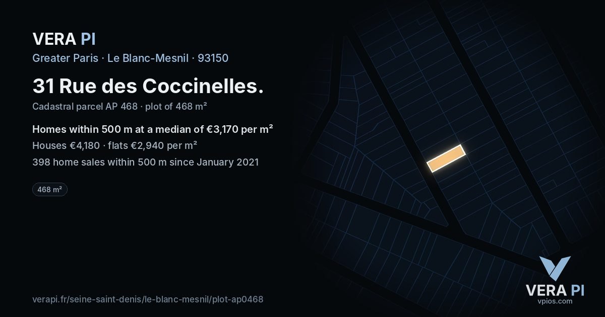 31 Rue des Coccinelles, Le Blanc-Mesnil at night – the plot lit, the parcels around coloured by the prices near them