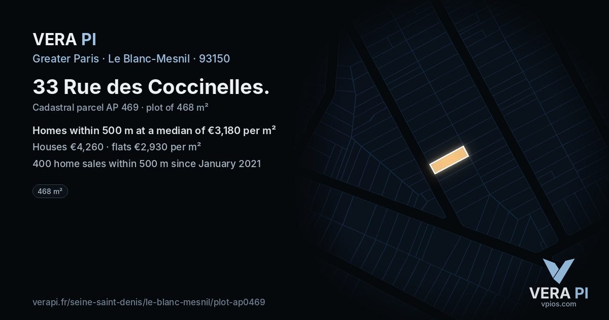 33 Rue des Coccinelles, Le Blanc-Mesnil at night – the plot lit, the parcels around coloured by the prices near them