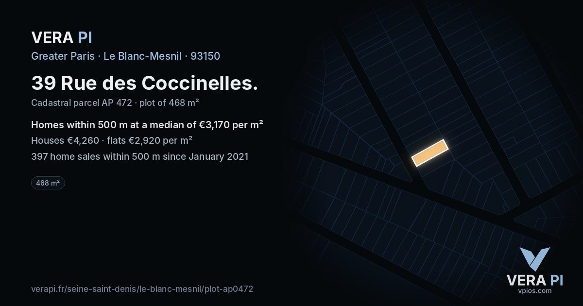 39 Rue des Coccinelles, Le Blanc-Mesnil at night – the plot lit, the parcels around coloured by the prices near them