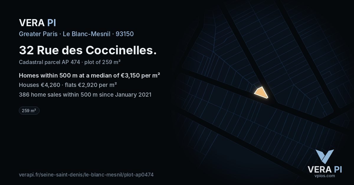 32 Rue des Coccinelles, Le Blanc-Mesnil at night – the plot lit, the parcels around coloured by the prices near them