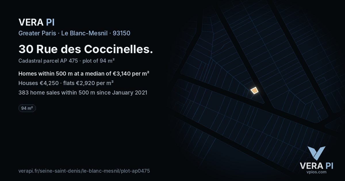 30 Rue des Coccinelles, Le Blanc-Mesnil at night – the plot lit, the parcels around coloured by the prices near them