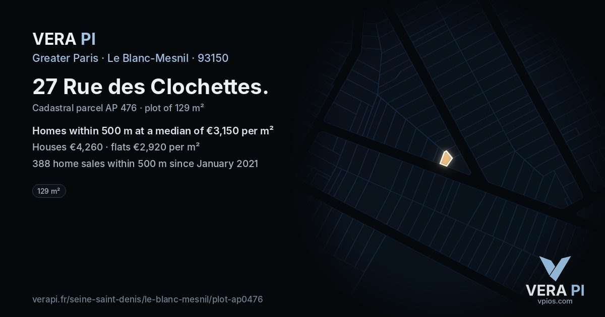 27 Rue des Clochettes, Le Blanc-Mesnil at night – the plot lit, the parcels around coloured by the prices near them
