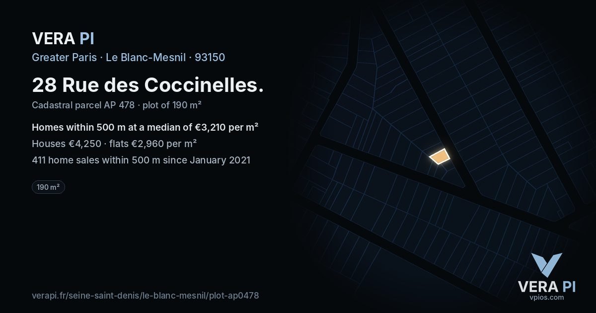 28 Rue des Coccinelles, Le Blanc-Mesnil at night – the plot lit, the parcels around coloured by the prices near them