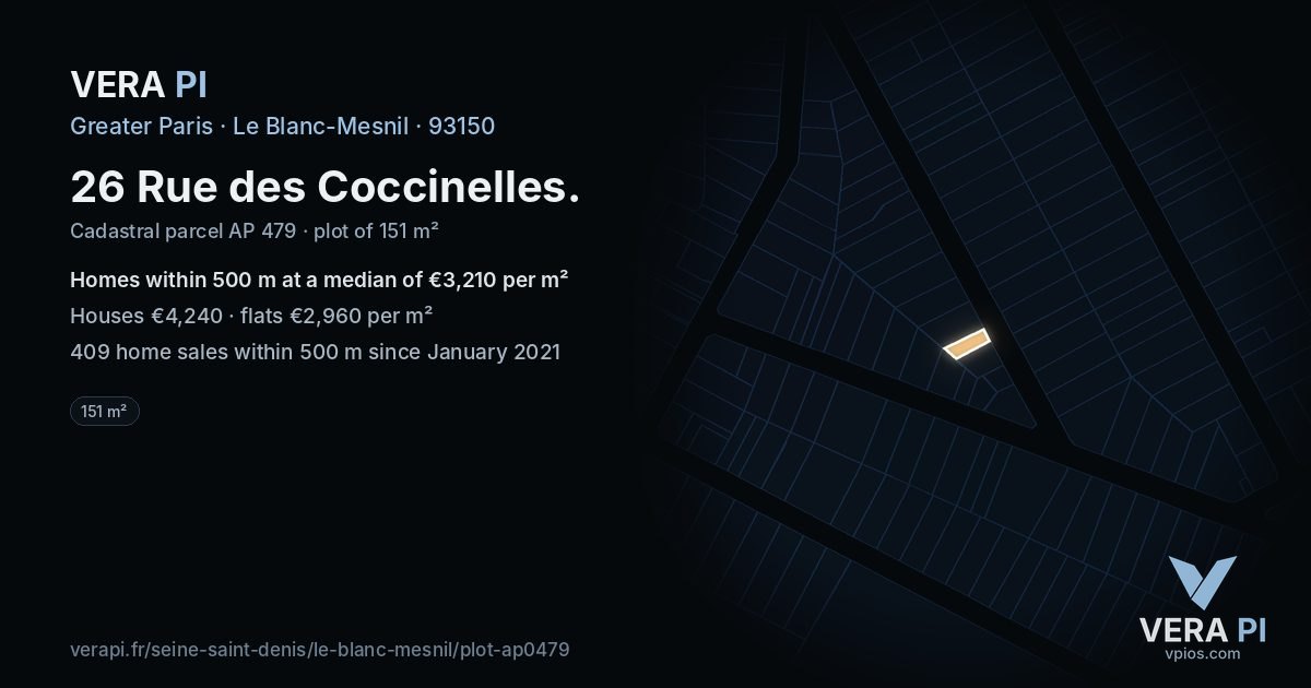 26 Rue des Coccinelles, Le Blanc-Mesnil at night – the plot lit, the parcels around coloured by the prices near them