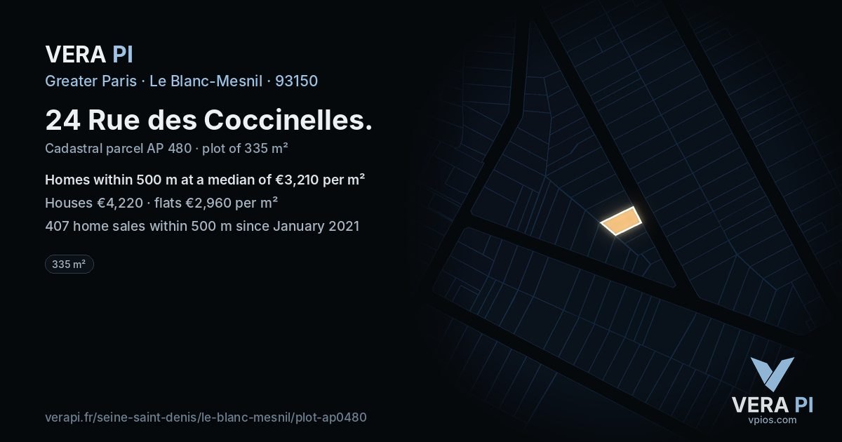24 Rue des Coccinelles, Le Blanc-Mesnil at night – the plot lit, the parcels around coloured by the prices near them