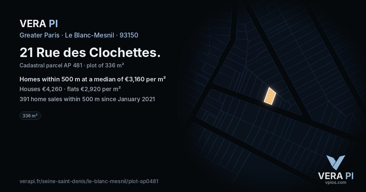 21 Rue des Clochettes, Le Blanc-Mesnil at night – the plot lit, the parcels around coloured by the prices near them