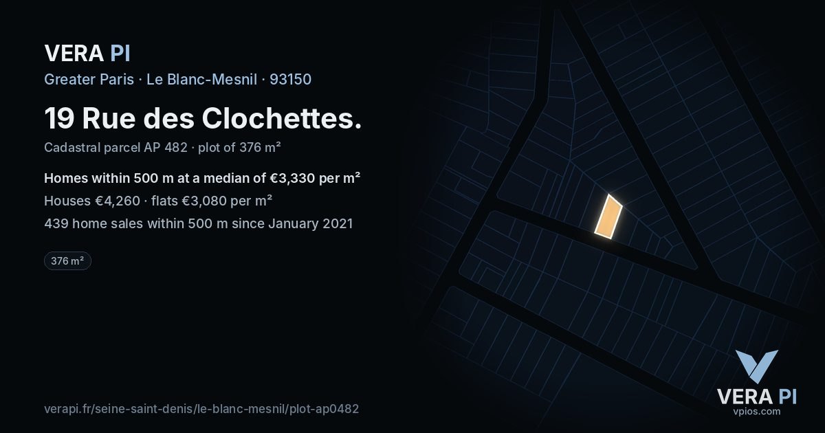 19 Rue des Clochettes, Le Blanc-Mesnil at night – the plot lit, the parcels around coloured by the prices near them