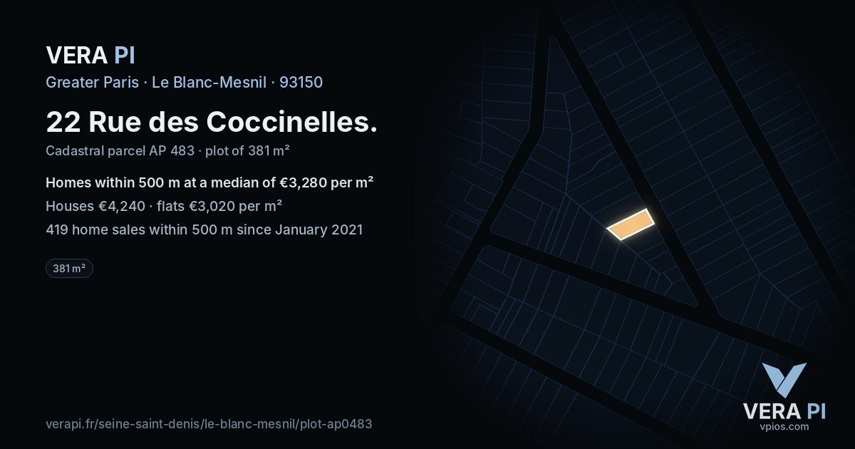 22 Rue des Coccinelles, Le Blanc-Mesnil at night – the plot lit, the parcels around coloured by the prices near them