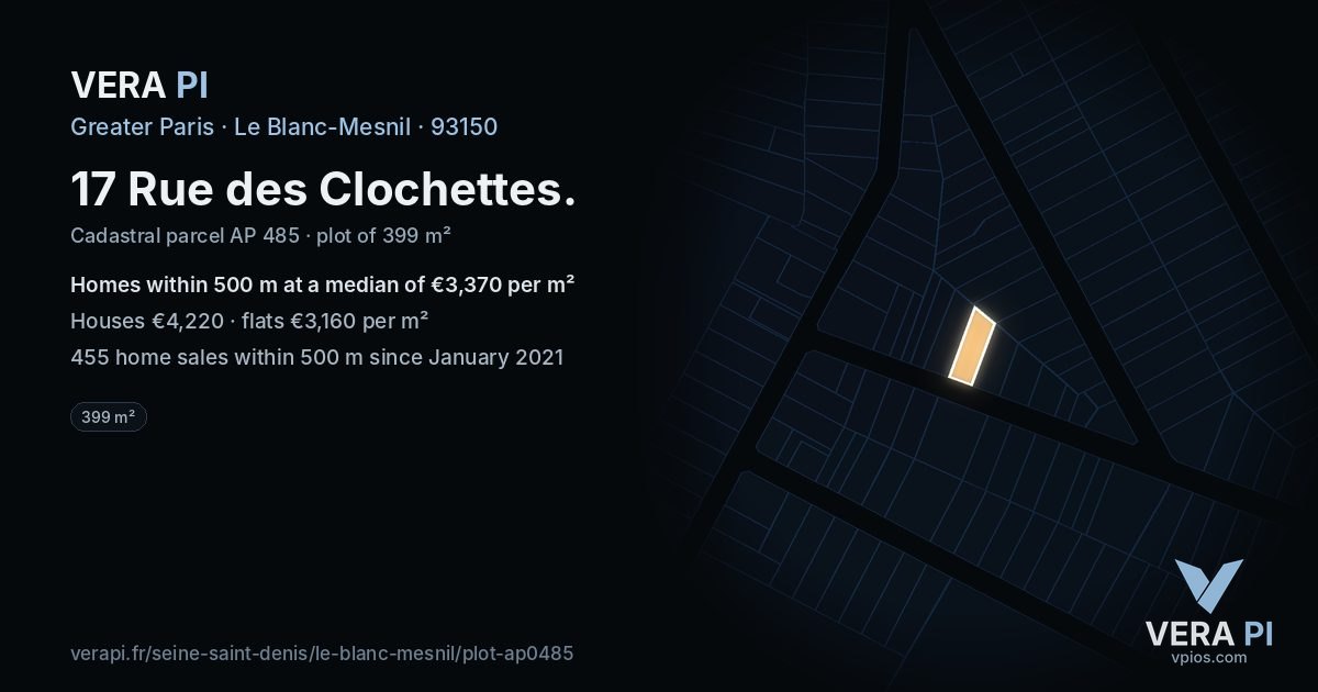 17 Rue des Clochettes, Le Blanc-Mesnil at night – the plot lit, the parcels around coloured by the prices near them