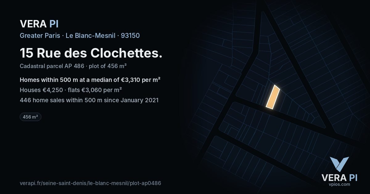 15 Rue des Clochettes, Le Blanc-Mesnil at night – the plot lit, the parcels around coloured by the prices near them