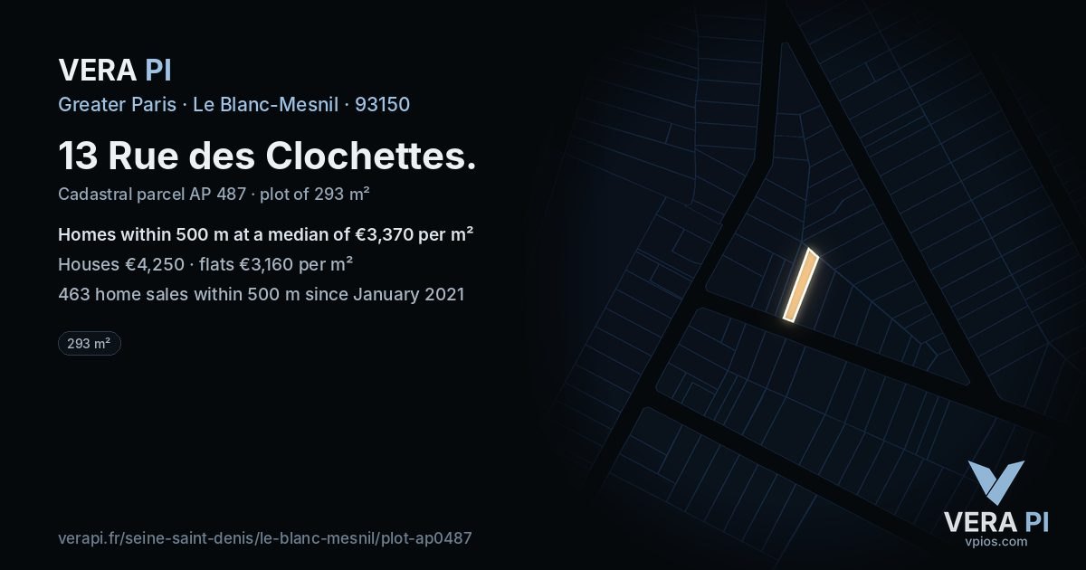 13 Rue des Clochettes, Le Blanc-Mesnil at night – the plot lit, the parcels around coloured by the prices near them