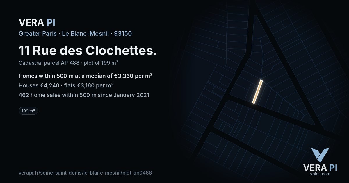 11 Rue des Clochettes, Le Blanc-Mesnil at night – the plot lit, the parcels around coloured by the prices near them