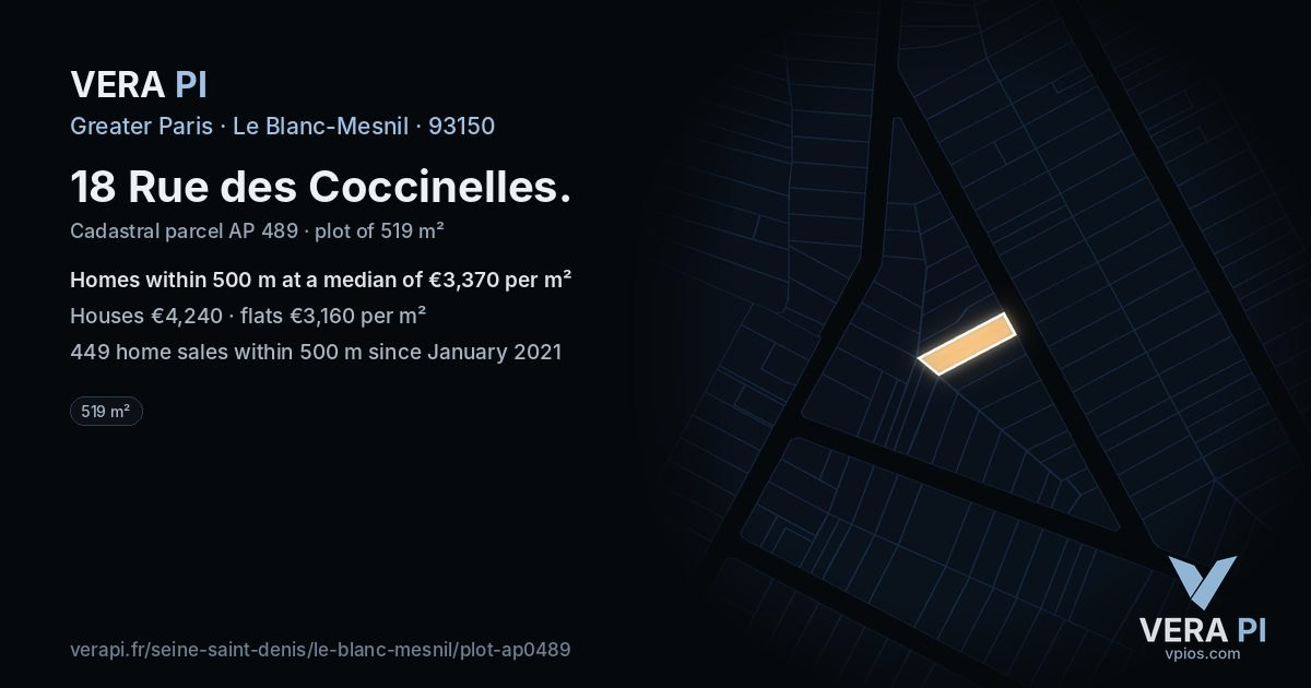 18 Rue des Coccinelles, Le Blanc-Mesnil at night – the plot lit, the parcels around coloured by the prices near them