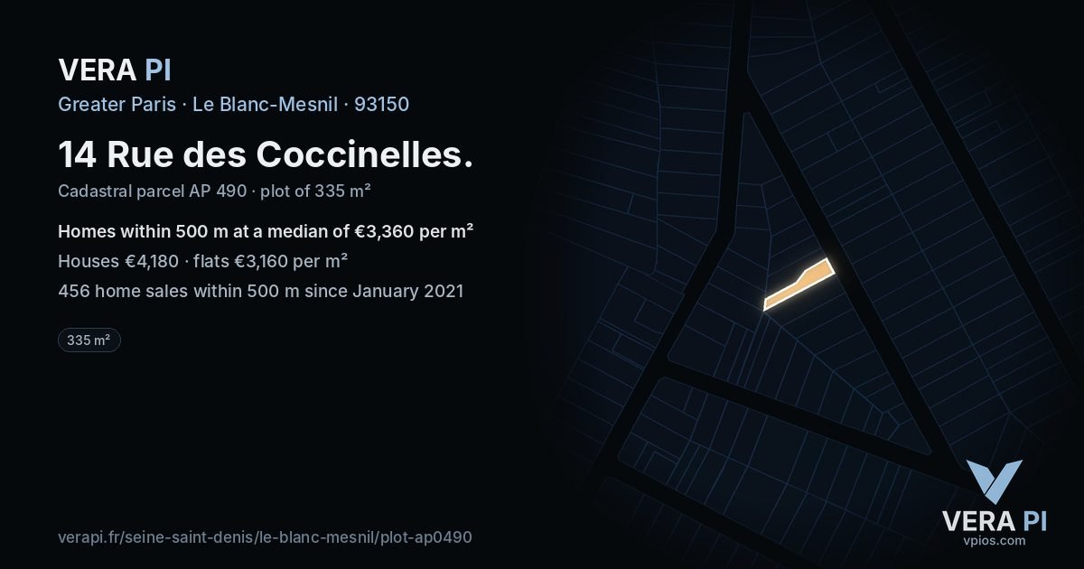 14 Rue des Coccinelles, Le Blanc-Mesnil at night – the plot lit, the parcels around coloured by the prices near them