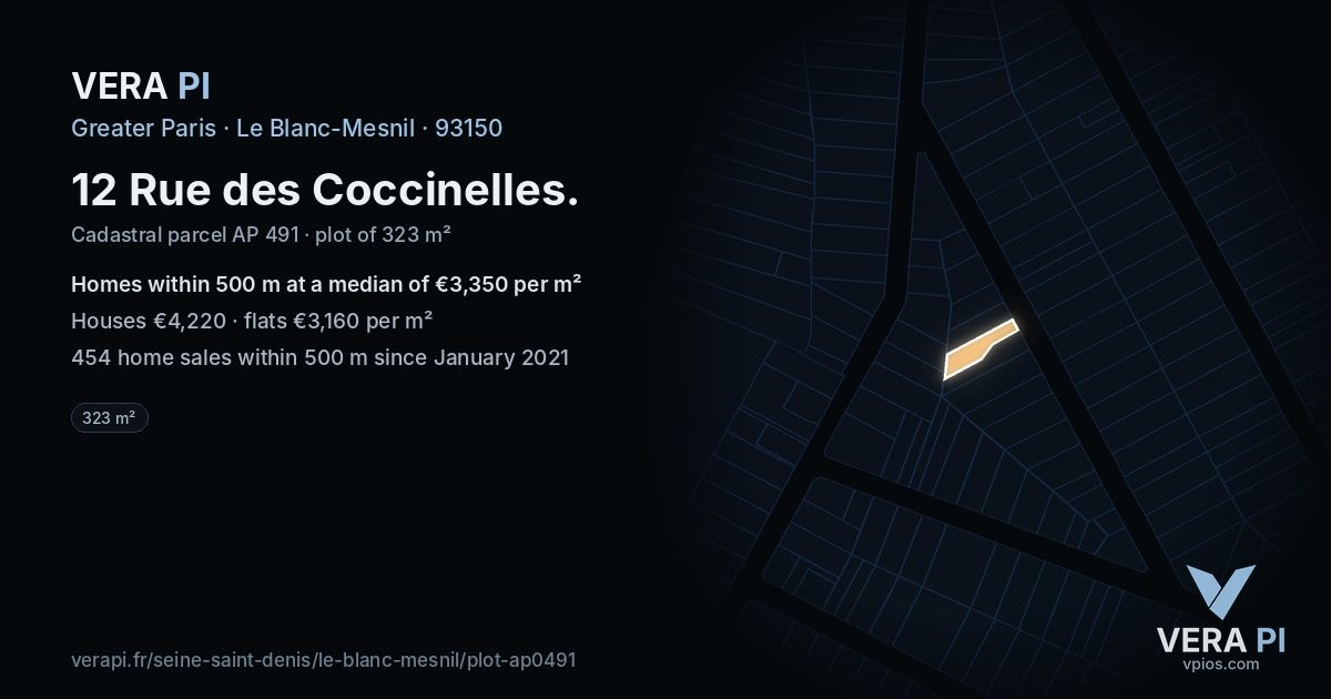 12 Rue des Coccinelles, Le Blanc-Mesnil at night – the plot lit, the parcels around coloured by the prices near them