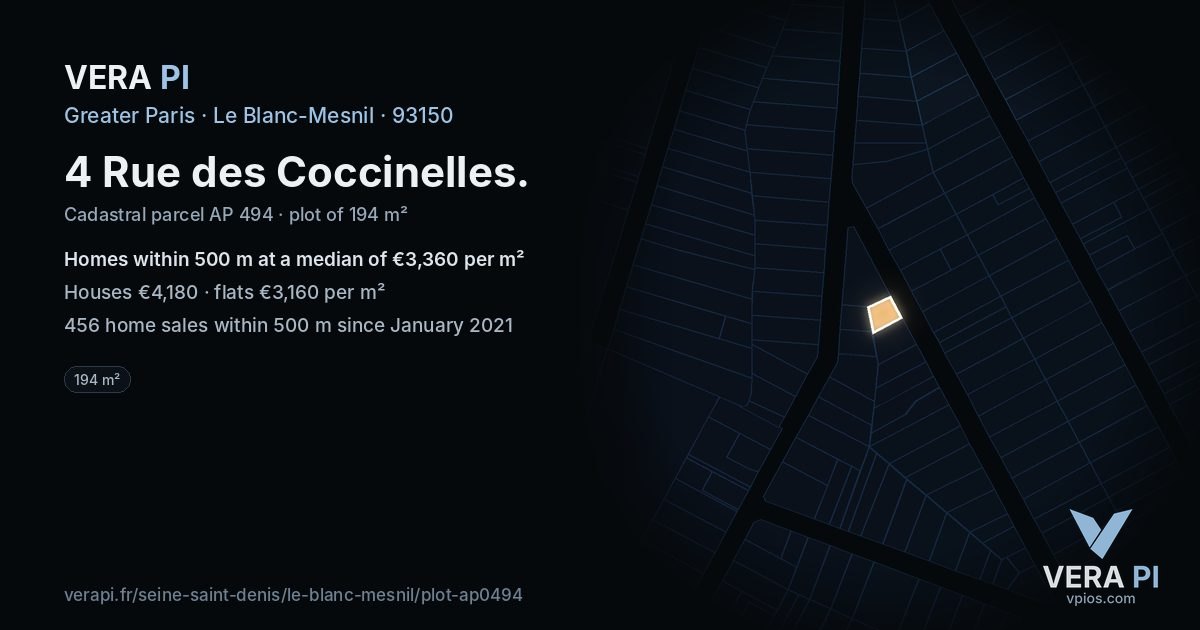 4 Rue des Coccinelles, Le Blanc-Mesnil at night – the plot lit, the parcels around coloured by the prices near them