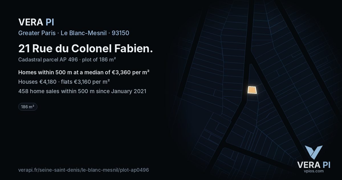 21 Rue du Colonel Fabien, Le Blanc-Mesnil at night – the plot lit, the parcels around coloured by the prices near them
