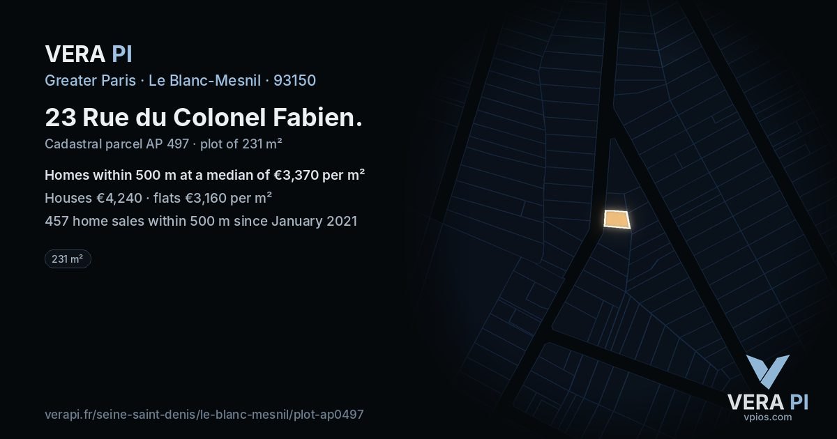 23 Rue du Colonel Fabien, Le Blanc-Mesnil at night – the plot lit, the parcels around coloured by the prices near them