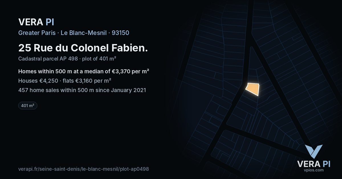 25 Rue du Colonel Fabien, Le Blanc-Mesnil at night – the plot lit, the parcels around coloured by the prices near them