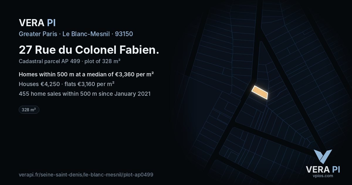 27 Rue du Colonel Fabien, Le Blanc-Mesnil at night – the plot lit, the parcels around coloured by the prices near them