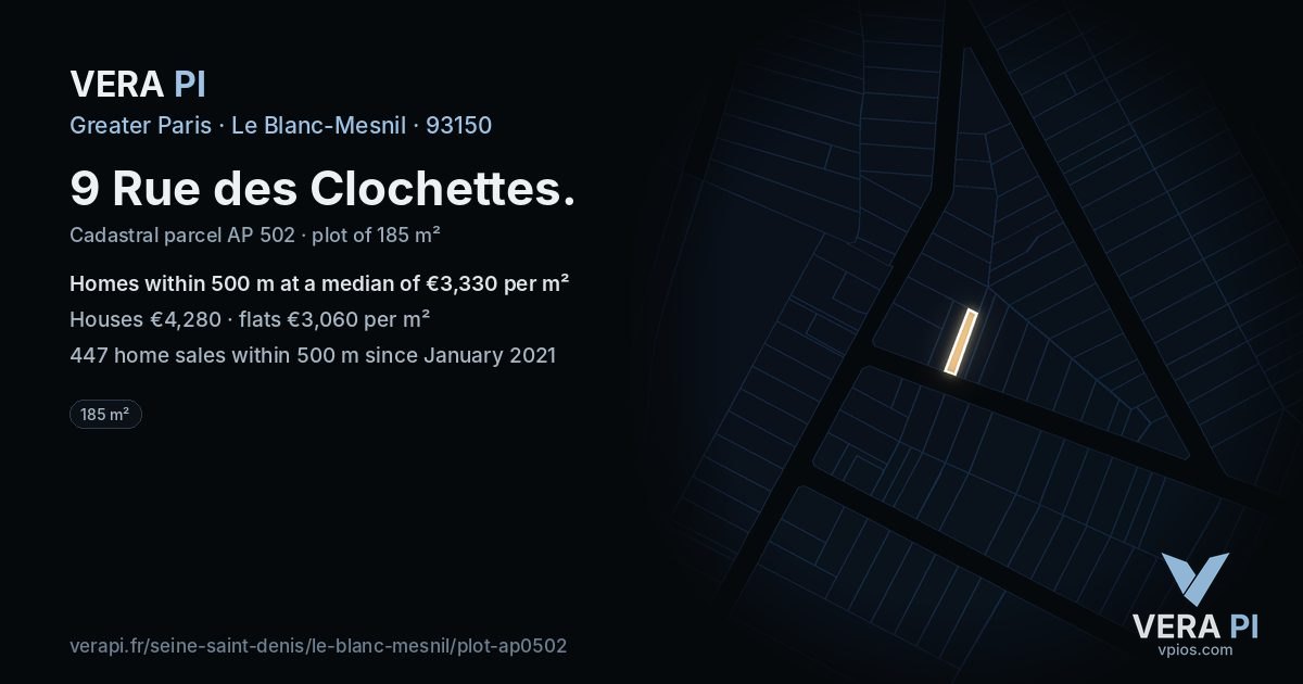9 Rue des Clochettes, Le Blanc-Mesnil at night – the plot lit, the parcels around coloured by the prices near them